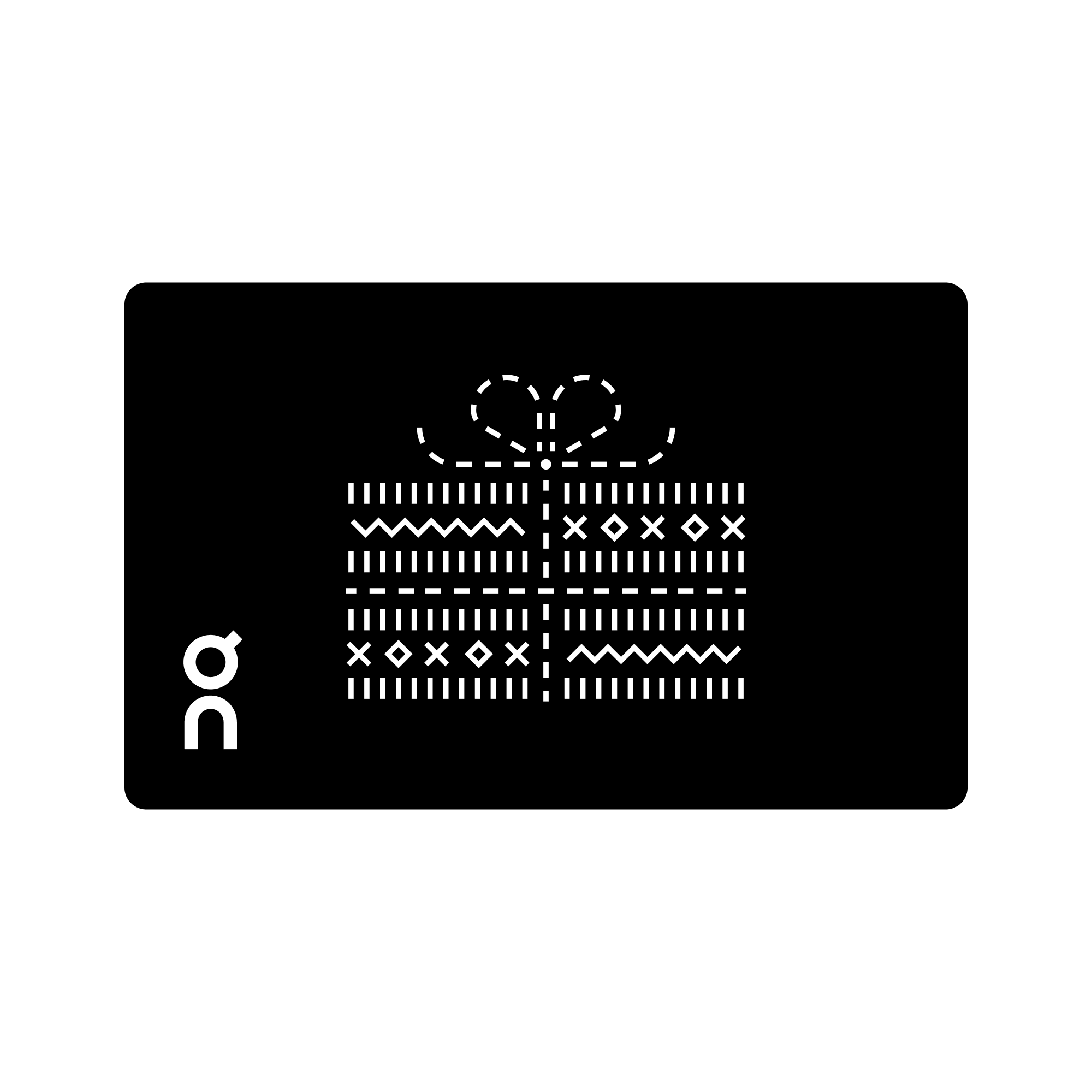 Carte-cadeau numérique avec une boîte cadeau et nœud blancs sur fond noir, avec le logo « On » en bas à gauche.