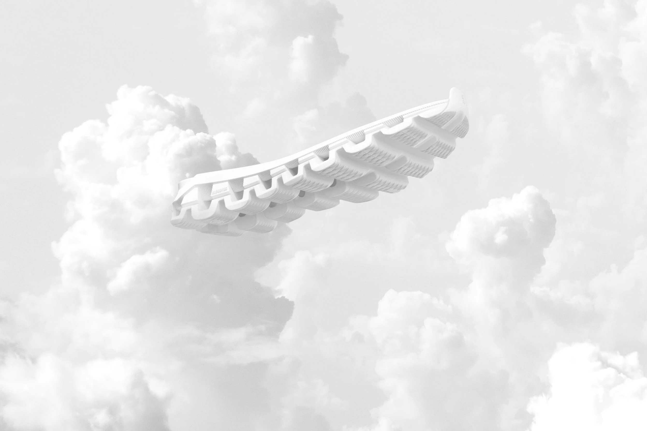 Une semelle intermédiaire blanche CloudTec® flotte sur un fond flou et coloré.