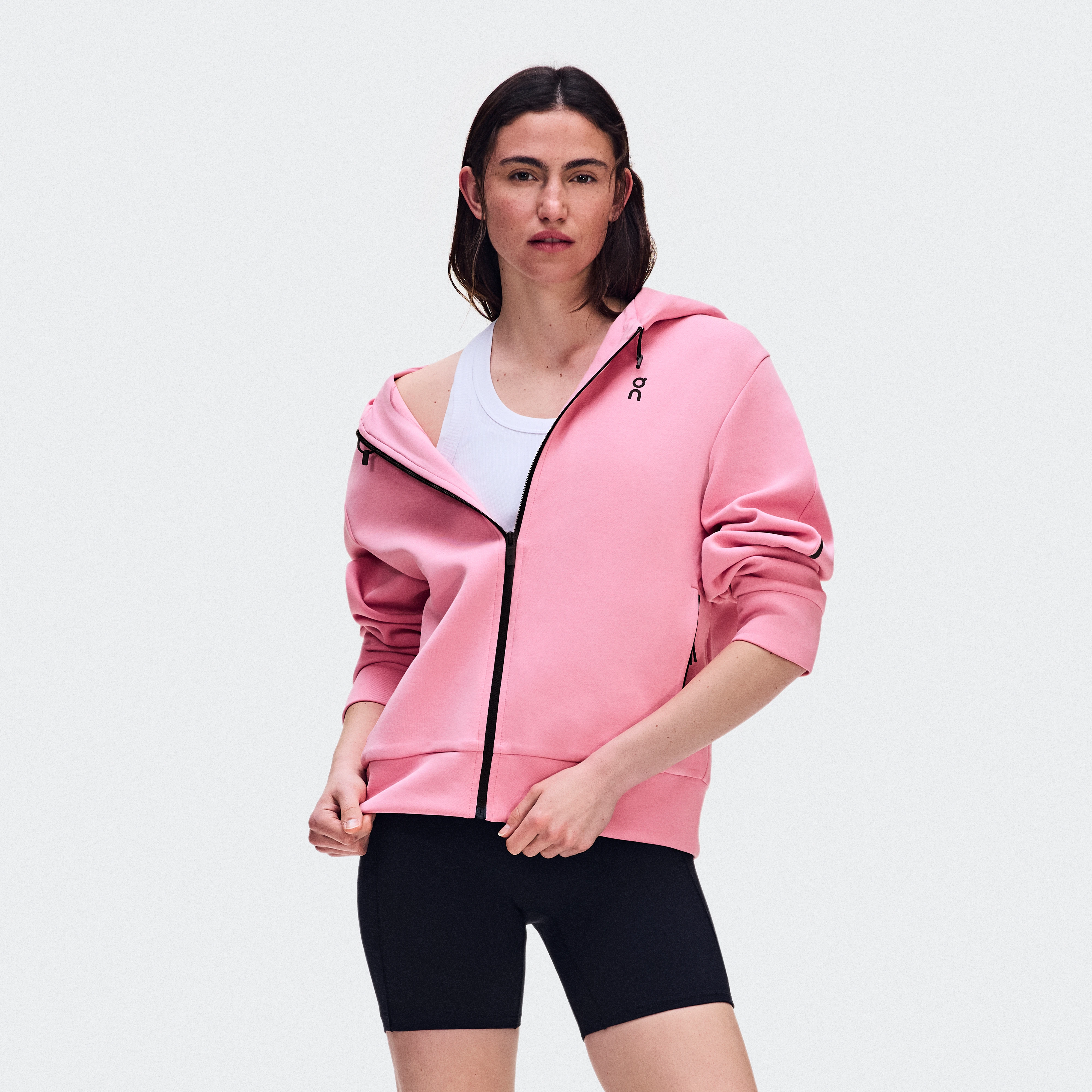 On Focus Tech Zip Hoodie Magnolia Femme – Quotidien, voyage, entraînement Sweats à capuche et sweats