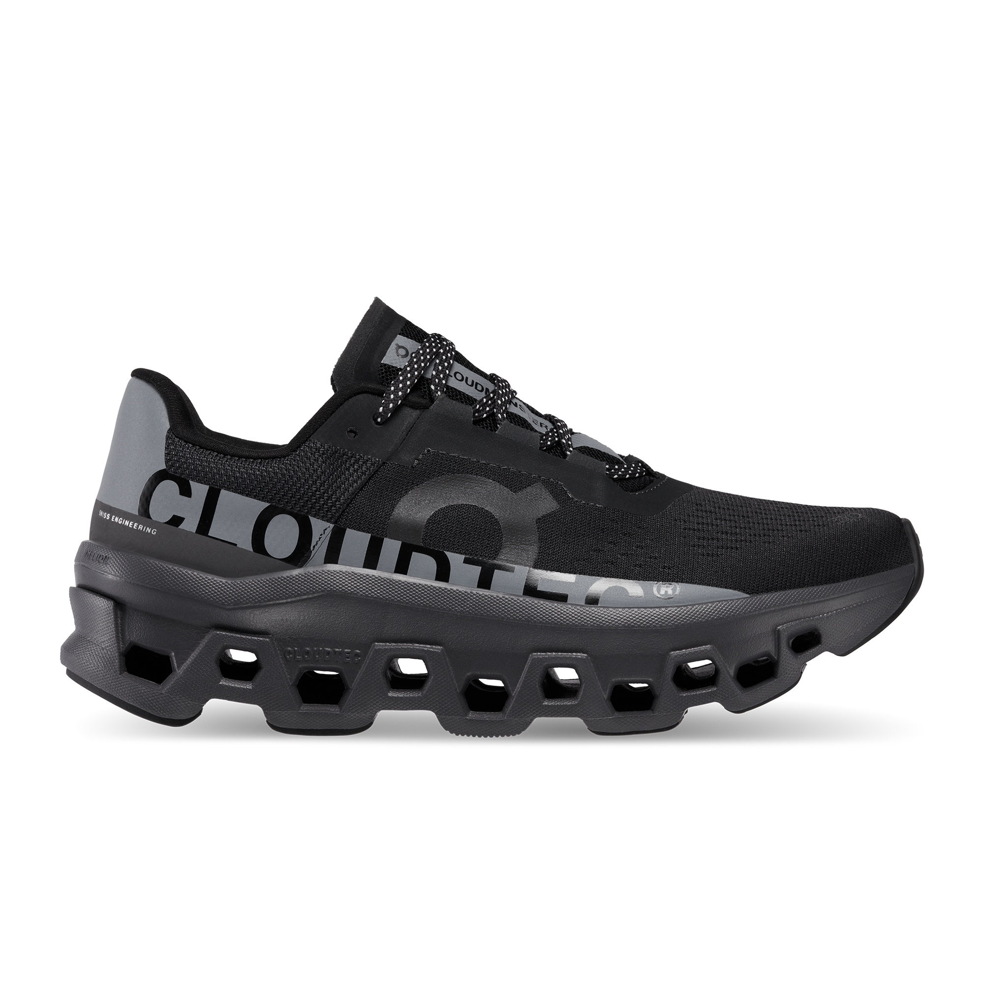 On Cloudmonster Lumos Black Femme – Amorti max, courses sur route, bande réfléchissante Chaussures