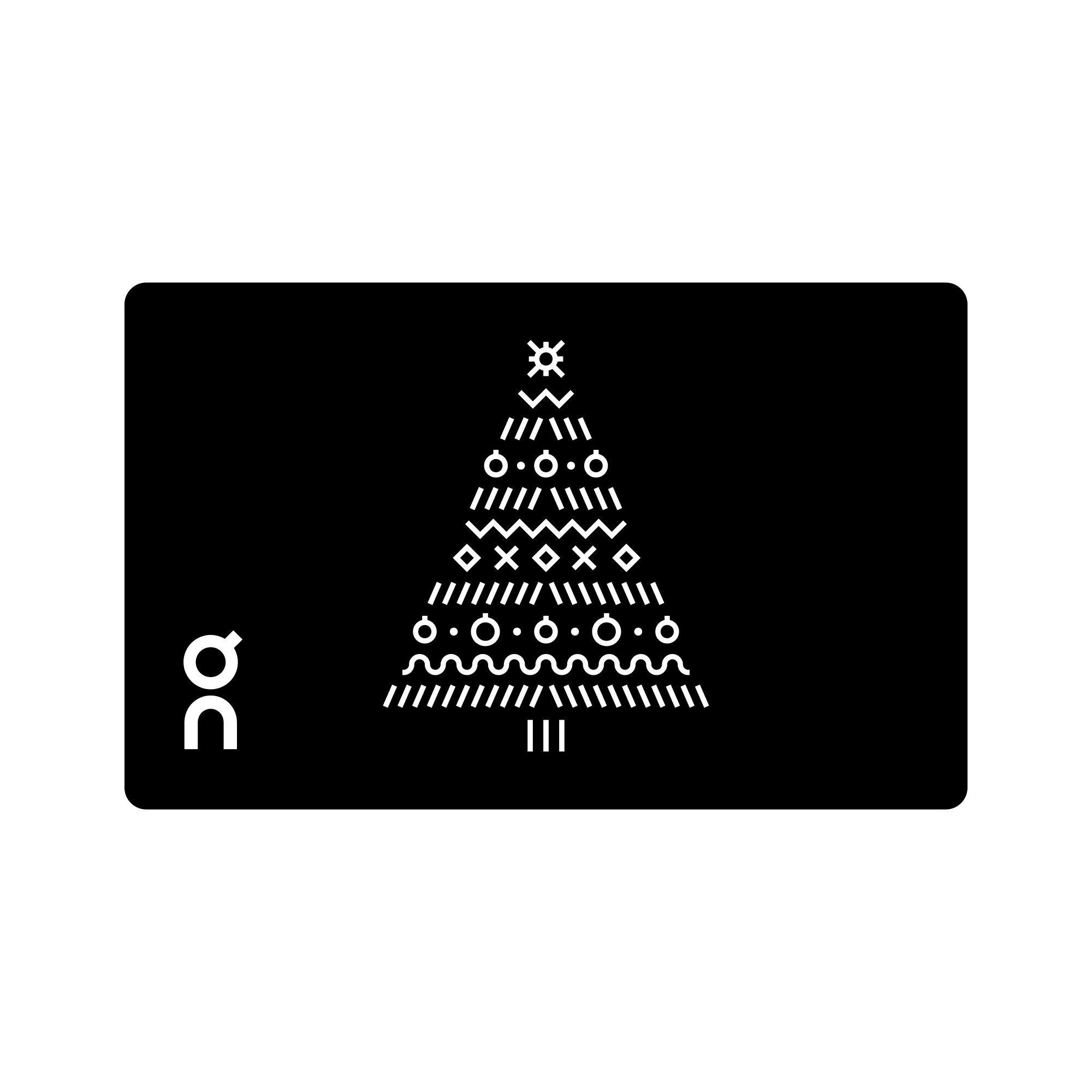 Carte-cadeau numérique avec un sapin de Noël blanc sur fond noir, avec le logo « On » en bas à gauche.